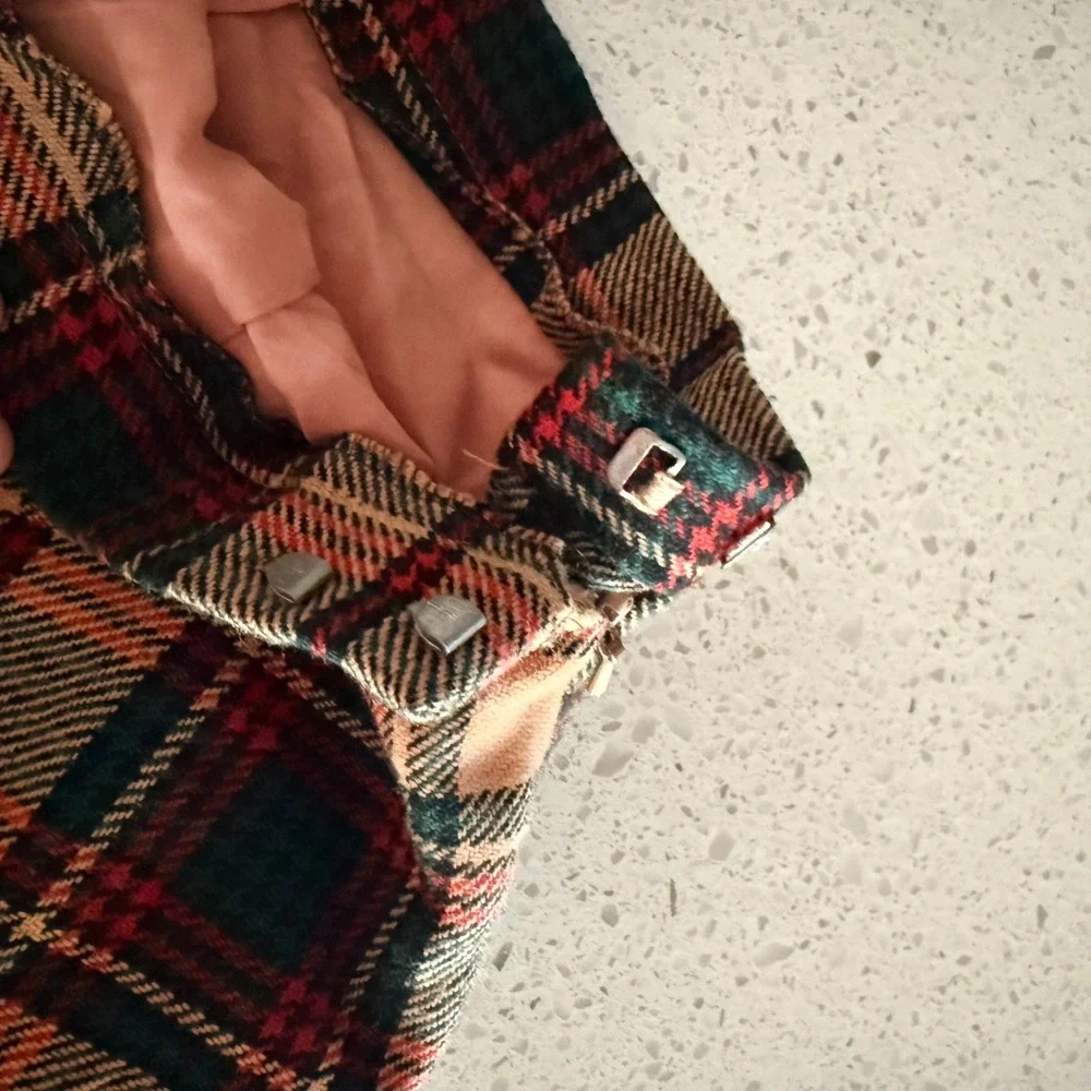Martinique Vintage Tartan Plaid Pleated Wool Blend Midi Skirt,Green Red Tan,14